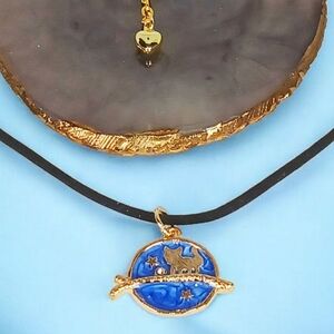 Cord Medallion Necklace Coin Charm Cat & Stars Night Sky New Age Grunge 1990s